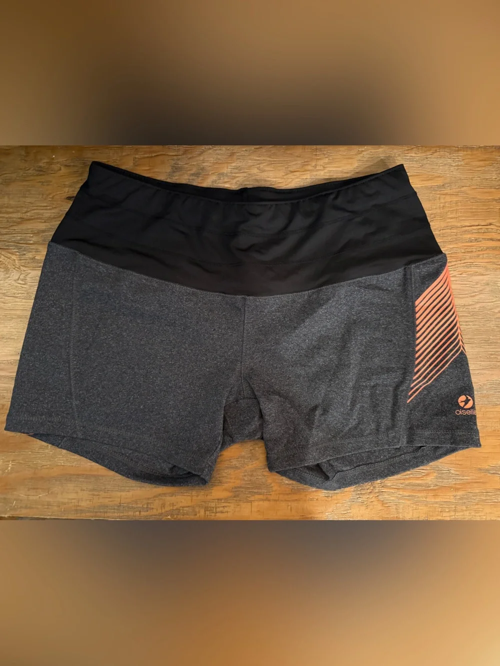 Oiselle Black & Charcoal Performance Running Shorts Orange Accent NWOT Size 6